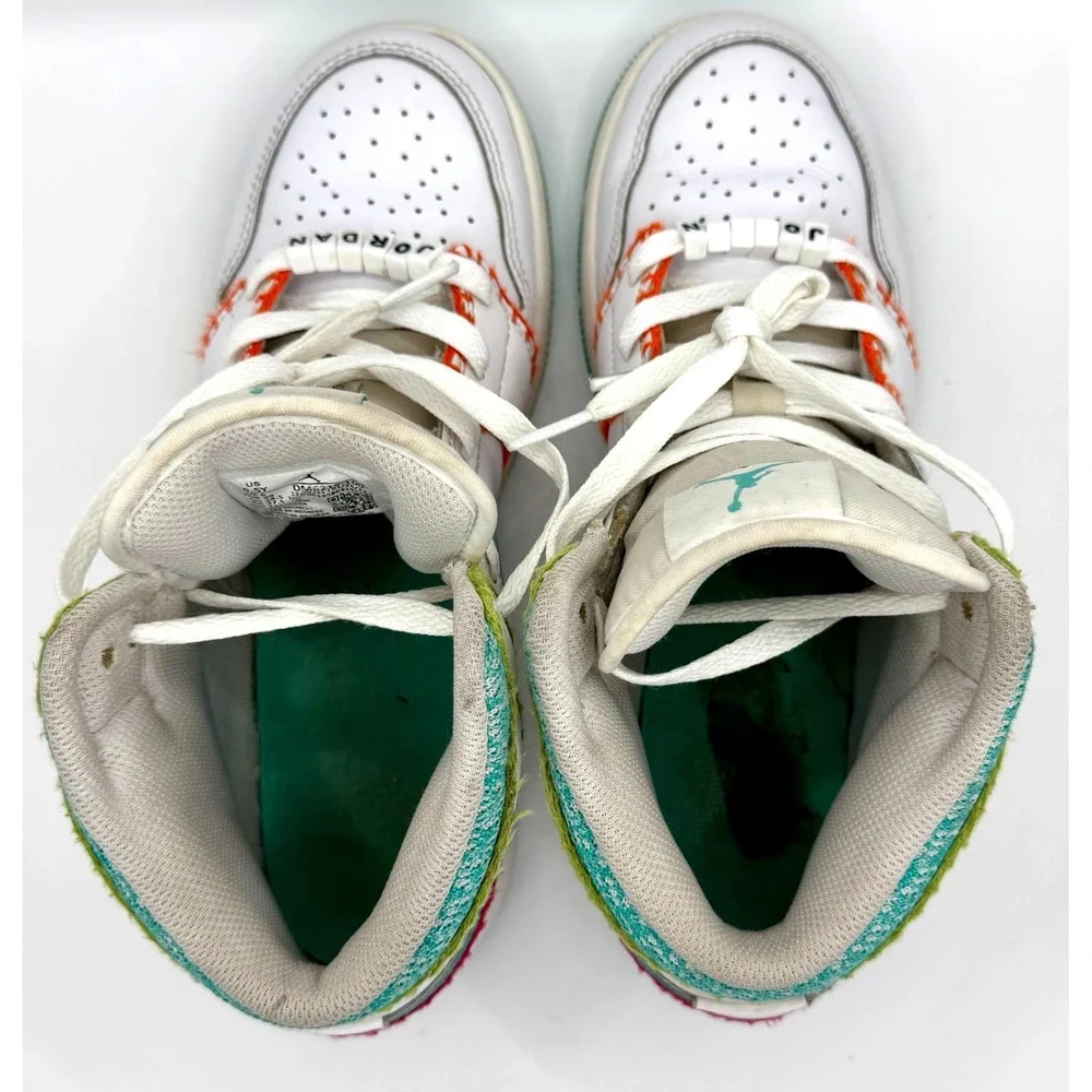 Nike Air Jordan 1 Mid SE Multi Knit White Teal Orange Sneakers Sz 6.5Y/Women 8